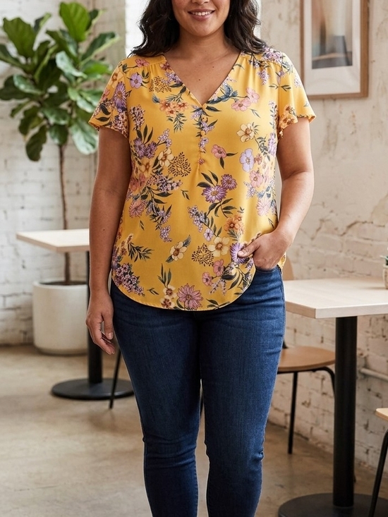 torrid Tops - torrid Yellow Floral V-Neck Short Sleeve Blouse